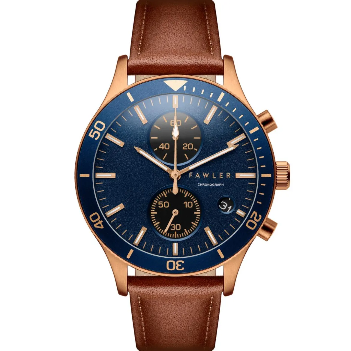 Aeris | Brązowo-miedziany zegarek chronograf z niebieską tarczą