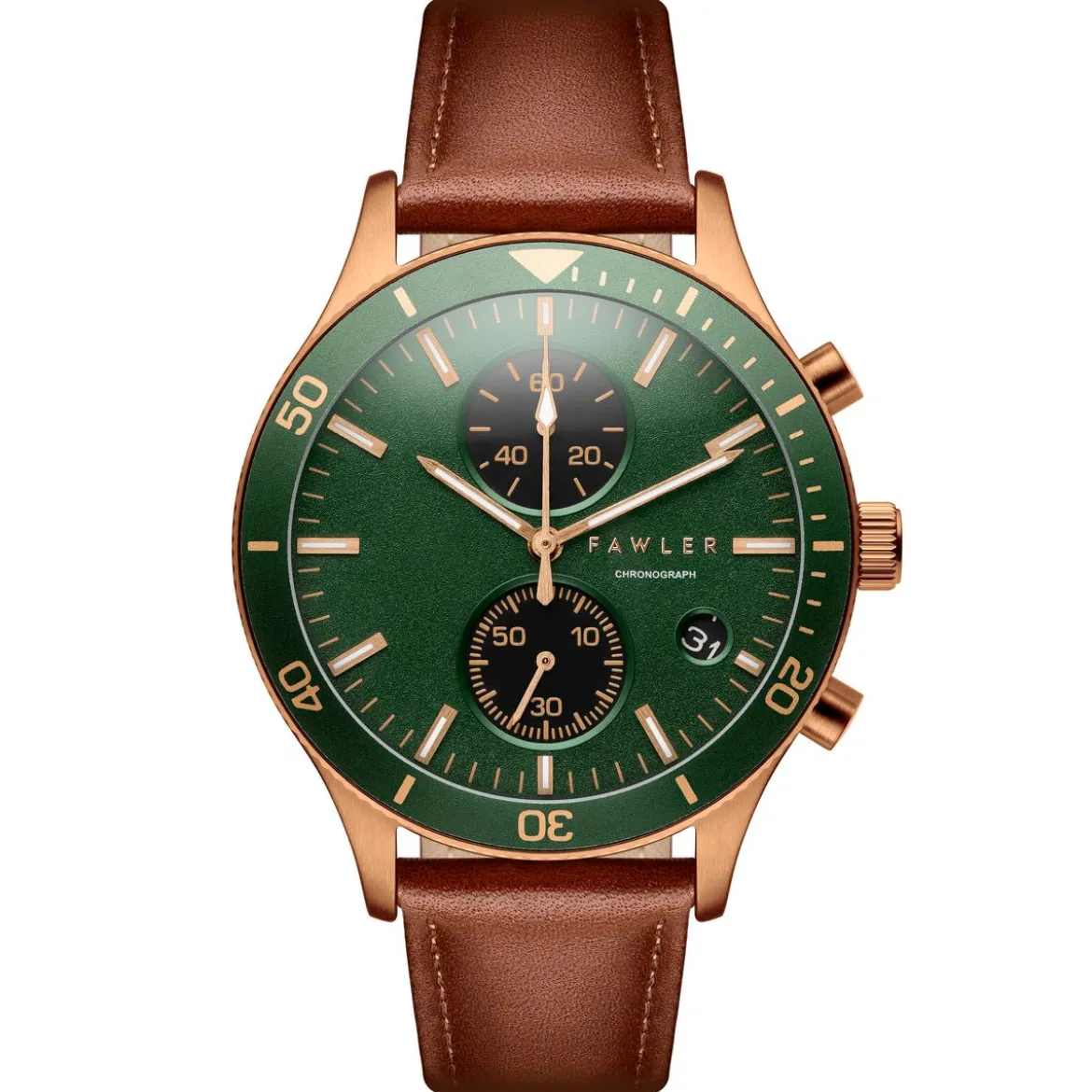 Aeris | Brązowo-miedziany zegarek chronograf z zieloną tarczą