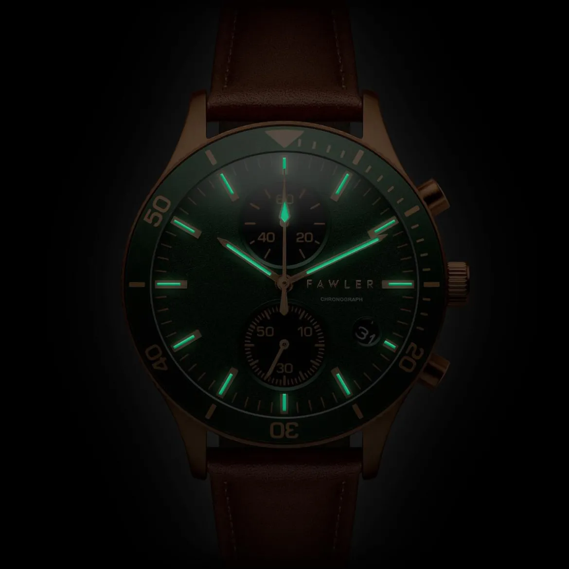 Aeris | Brązowo-miedziany zegarek chronograf z zieloną tarczą