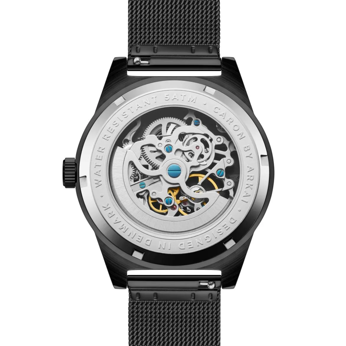 Caron | Czarny zegarek ze stali nierdzewnej z widocznym mechanizmem