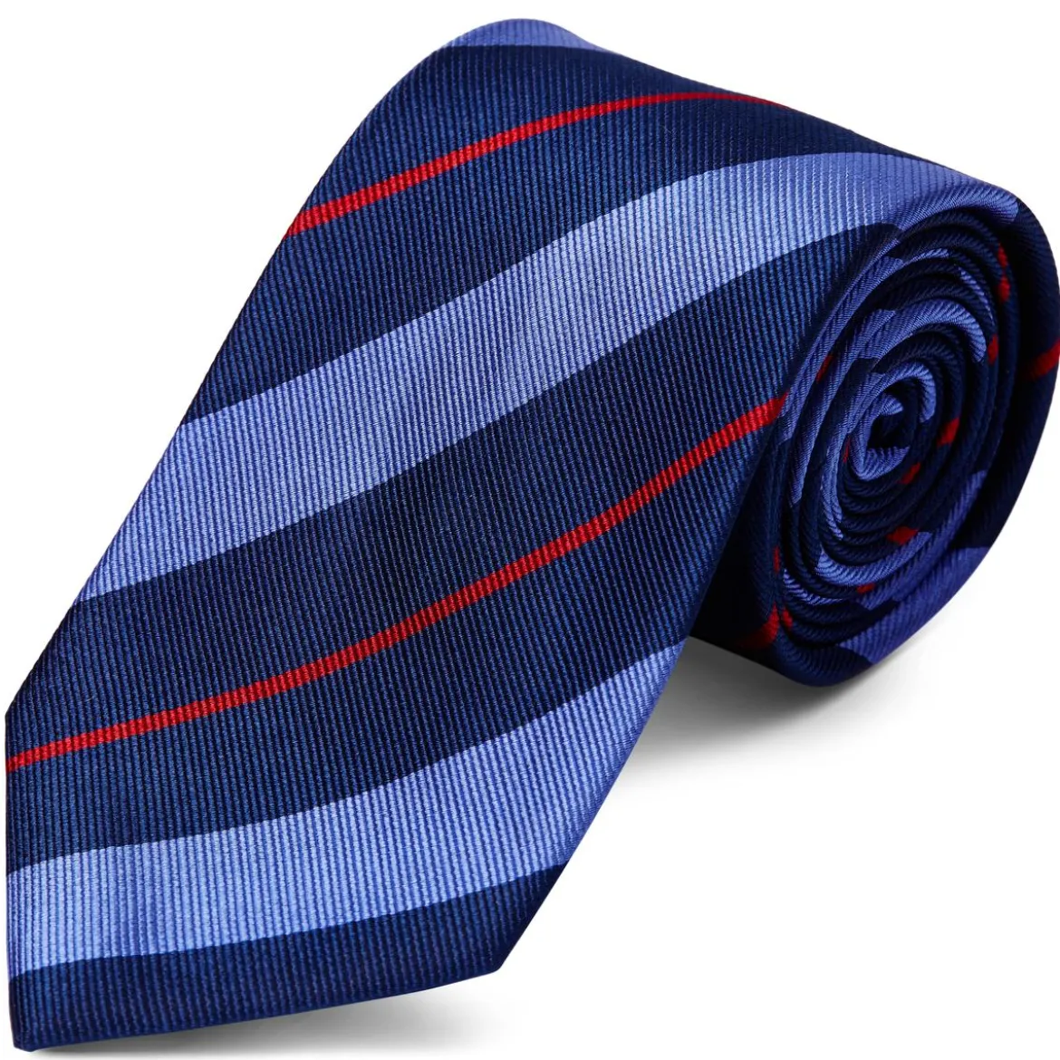 Ciemnogranatowy krawat jedwabny w pastelowe niebiesko-czerwone paski 8 cm