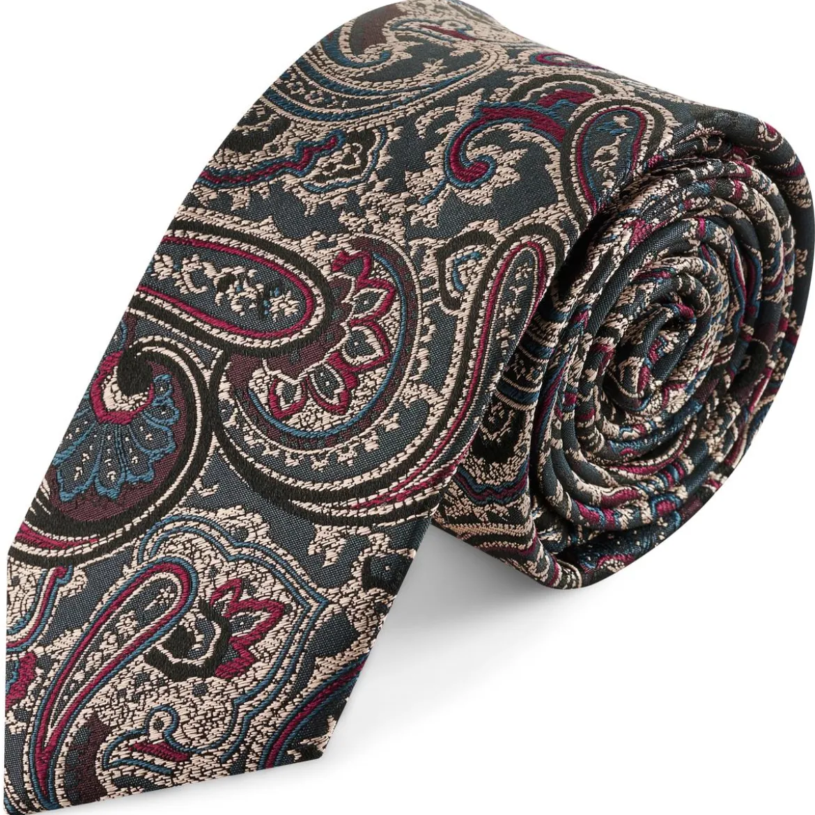 Ciemnoniebieski i ciemnozielony jedwabny krawat we wzór paisley | 6 cm