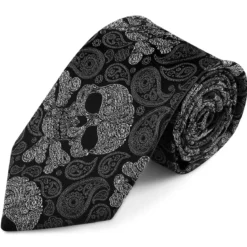 Czarno-szary jedwabny krawat z czaszkami we wzór paisley | 8 cm