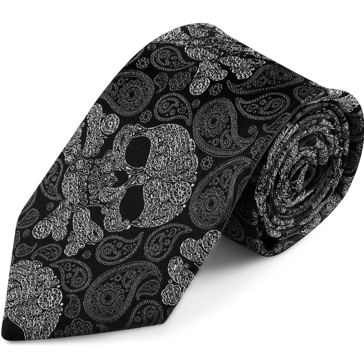 Czarno-szary jedwabny krawat z czaszkami we wzór paisley | 8 cm