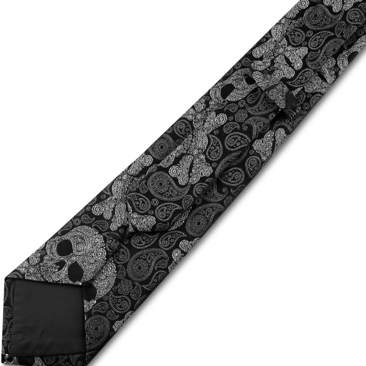 Czarno-szary jedwabny krawat z czaszkami we wzór paisley | 8 cm