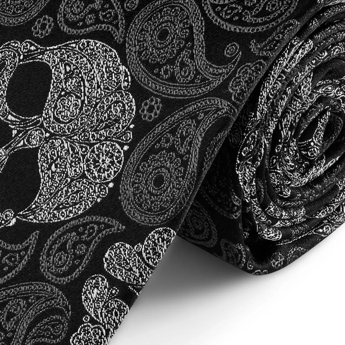 Czarno-szary jedwabny krawat z czaszkami we wzór paisley | 8 cm