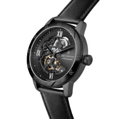 Dante II | Czarny zegarek z widocznym mechanizmem z paskiem skórzanym