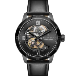 Dante II | Czarny zegarek z widocznym mechanizmem z paskiem skórzanym