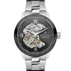 Dante II | Srebrzysto-czarny zegarek z widocznym mechanizmem