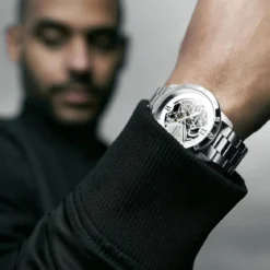 Dante II | Srebrzysty zegarek z widocznym mechanizmem