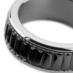 Enthumema | 8 mm srebrzysty pierścionek antystresowy fidget ze stali nierdzewnej z czarną cyrkonią
