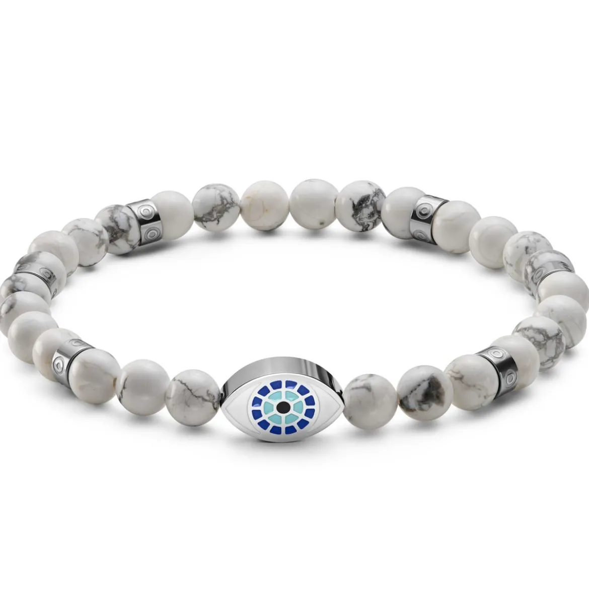 Evil Eye | Bransoletka ze srebrzystymi i howlitowym koralikami