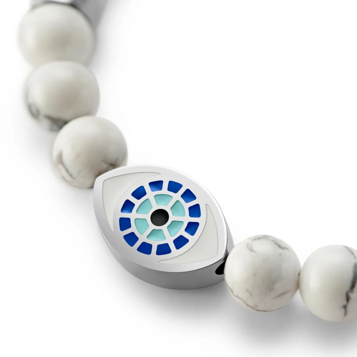 Evil Eye | Bransoletka ze srebrzystymi i howlitowym koralikami