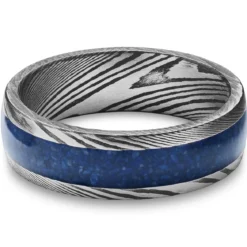 Fortis | 7 mm spiżowoszaro-srebrzysty pierścionek ze stali damasceńskiej z inkrustacją z lapis lazuli