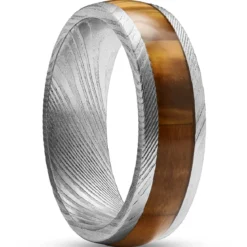 Fortis | 7 mm srebrzysty pierścionek ze stali damasceńskiej z inkrustacją z tygrysiego oka