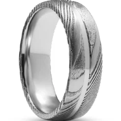 Fortis | 7 mm srebrzysty rowkowany pierścionek ze stali damasceńskiej i tytanu