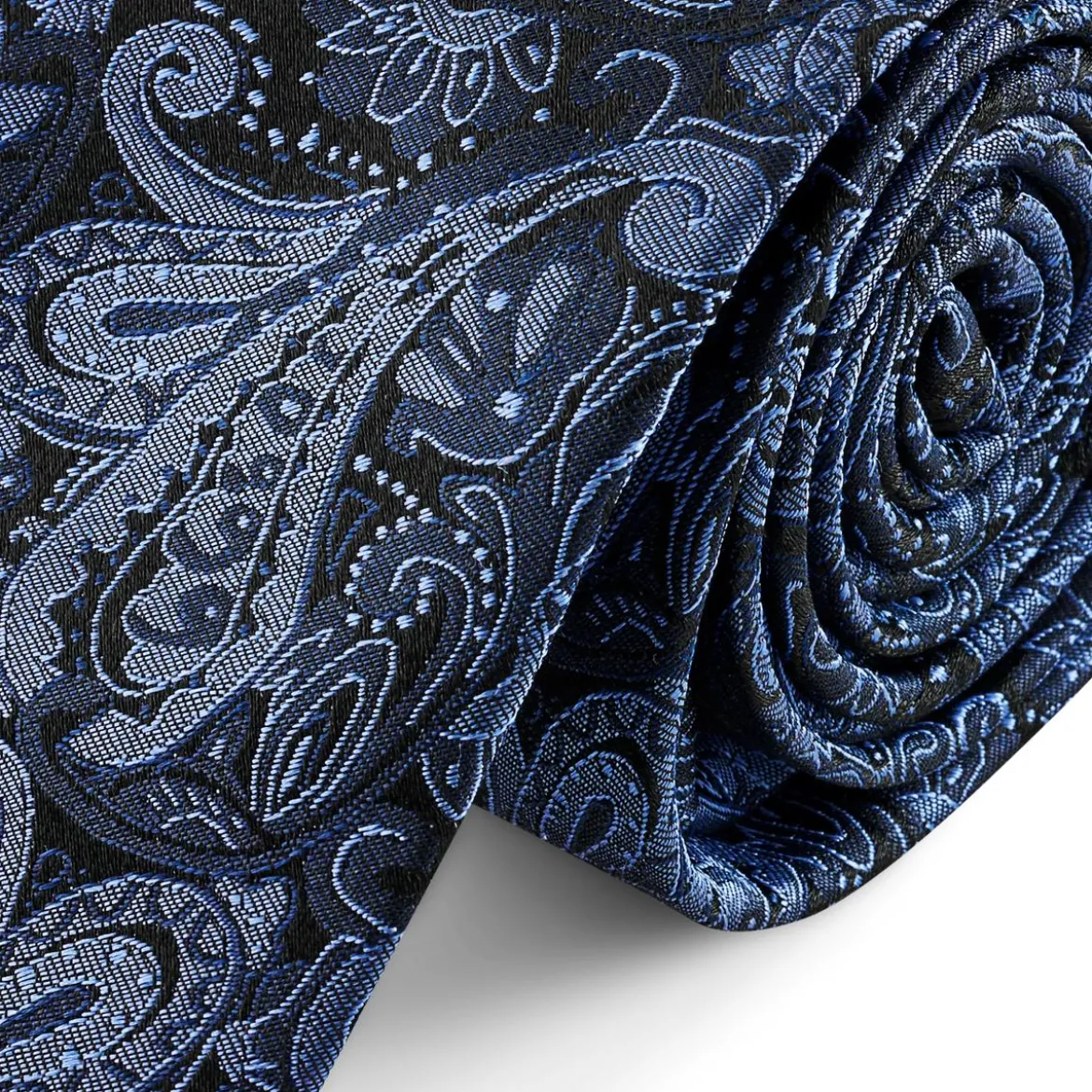 Granatowo-jasnoniebieski jedwabny krawat we wzór paisley | 6 cm