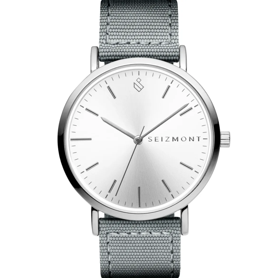 Moment | Srebrny minimalistyczny zegarek analogowy z mechanizmem kwarcowym, srebrną tarczą i ciemnoszarym nylonowym paskiem