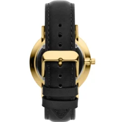 Moment | Zegarek elegancki minimalistyczny w kolorze złota z analogowym mechanizmem kwarcowym, tarczą w kolorze szampańskim & czarnym skórzanym paskiem