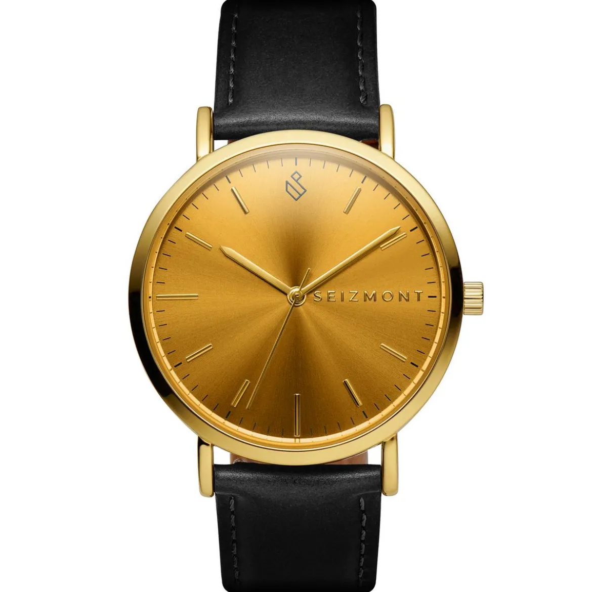 Moment | Zegarek elegancki minimalistyczny w kolorze złota z analogowym mechanizmem kwarcowym, tarczą w kolorze szampańskim & czarnym skórzanym paskiem