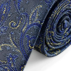 Niebiesko-złoty jedwabny krawat we wzór paisley | 6 cm