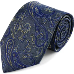 Niebiesko-złoty jedwabny krawat we wzór paisley | 8 cm