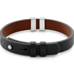 Nomen | Czarno-brązowa skórzana bransoletka srebrzysta ID