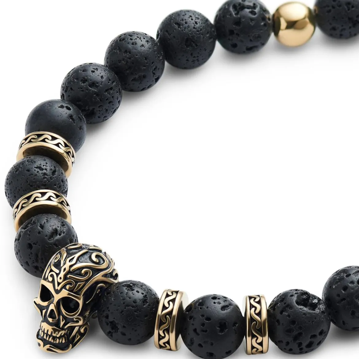 Rico | Bransoletka z czaszką z kamieni lawy i złocistej stali nierdzewnej