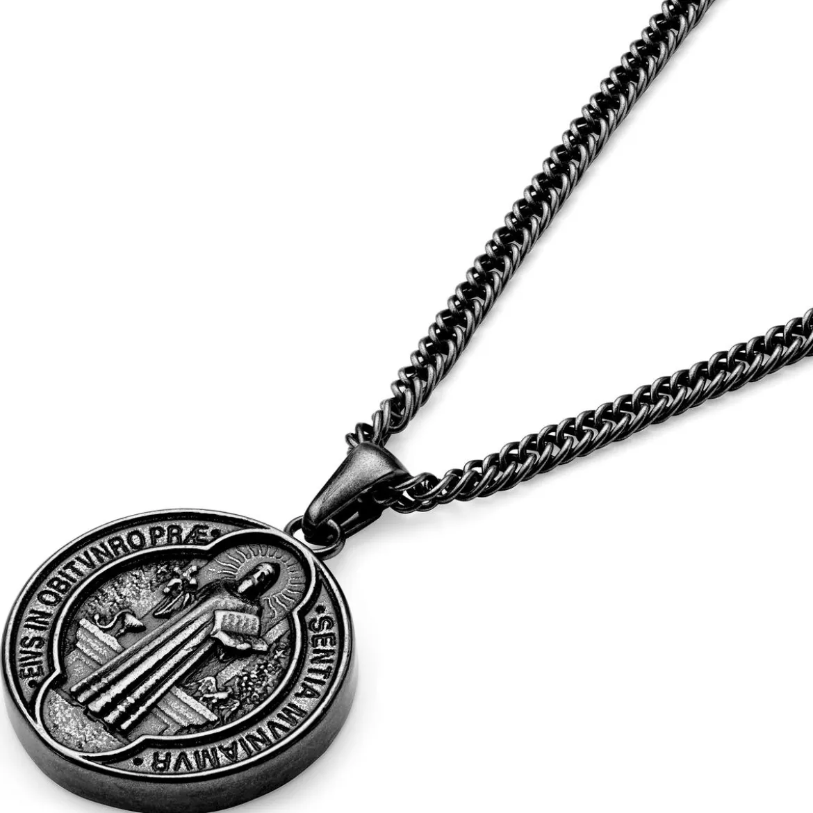 Sanctus | Srebrzysty naszyjnik vintage z medalem św. Benedykta