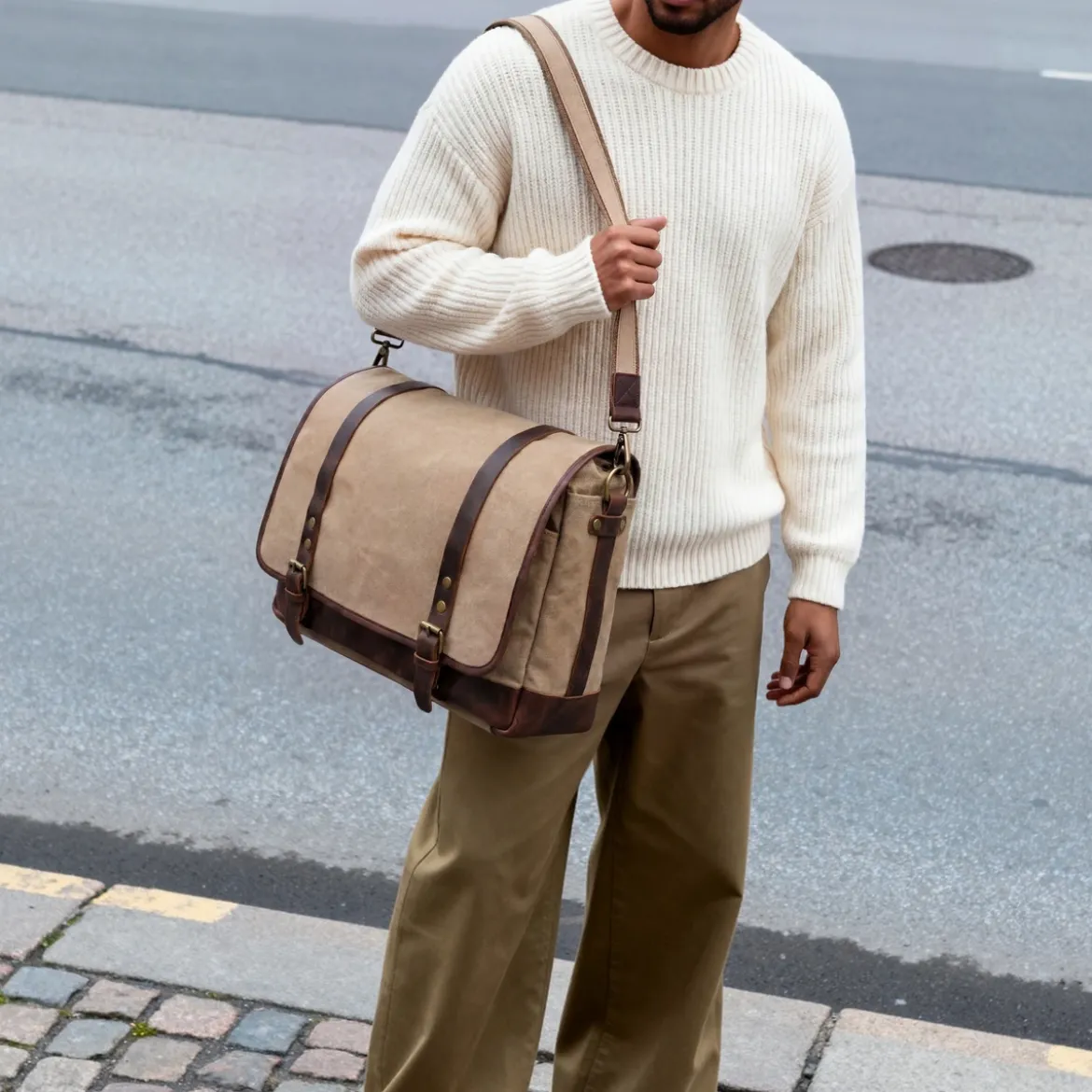 Torba Listonoszka W Stylu Vintage Z Jasnobrązowego Płótna i Skóry