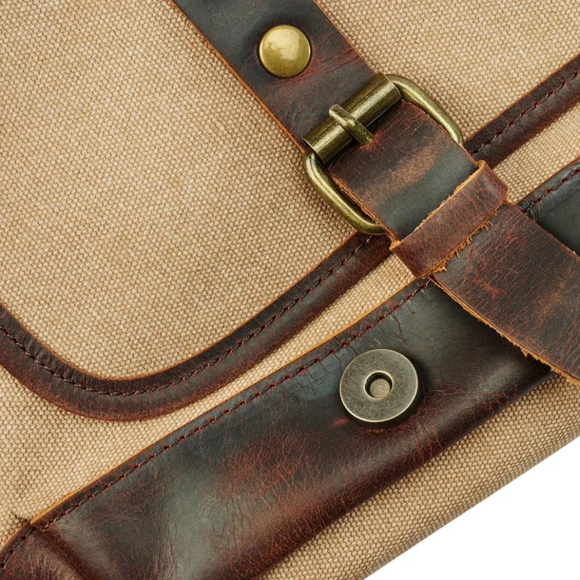 Torba Listonoszka W Stylu Vintage Z Jasnobrązowego Płótna i Skóry